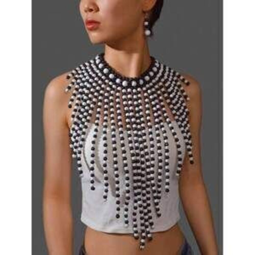 Handmade Wooden Bead Woven Necklace & Earrings Set, Boho Bib Statement Nec